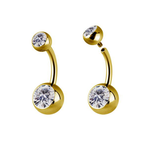 24K GOLD PVD TITANIUM DOUBLE JEWELLED INTERNAL BELLY BANANAS SET W. PREMIUM ZIRCONIA