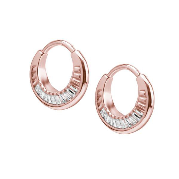 ROSE GOLD PVD SS316L EARHOOPS SET W. TAPPERED BAGUETTE (PAIR)