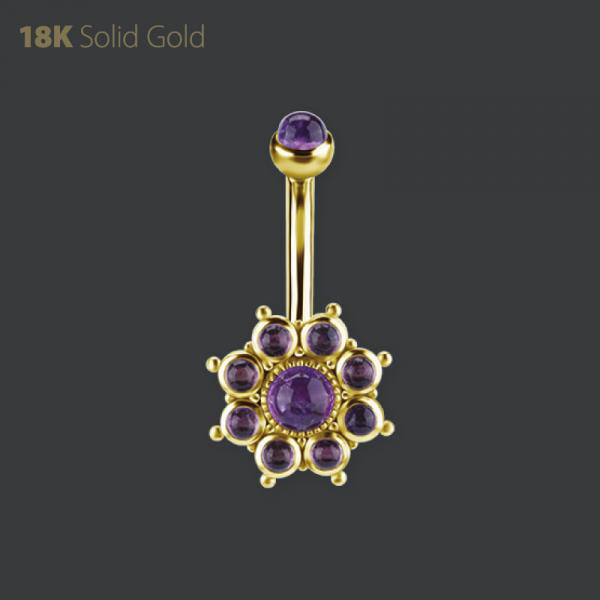 18K GOLD INTERNAL BELLY BANANA SET W. GENUINE DARK AMETHYST