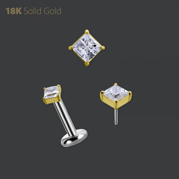 18K GOLD THREADLESS MICRO ATT. SET W. PRINCESS CUT PREMIUM ZIRCONIA