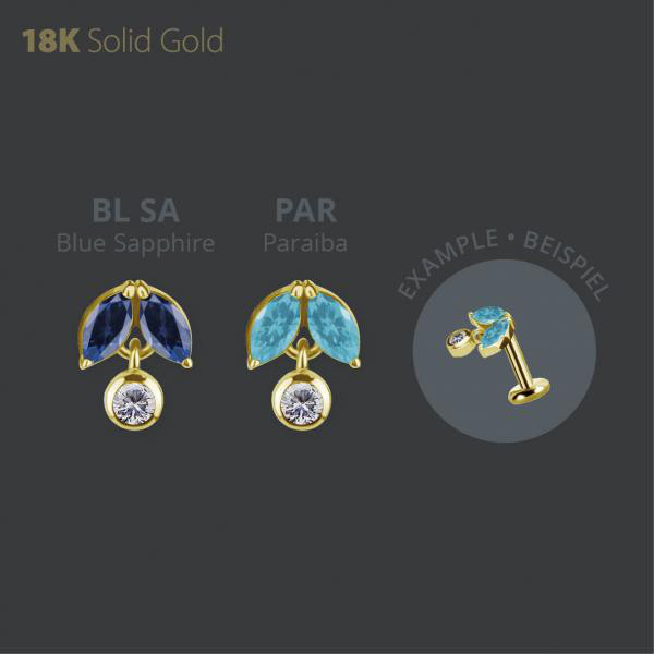 18K GOLD THREADLESS ATTACHMENT W. DANGLE SET W. LAB CREATED GEMSTONE