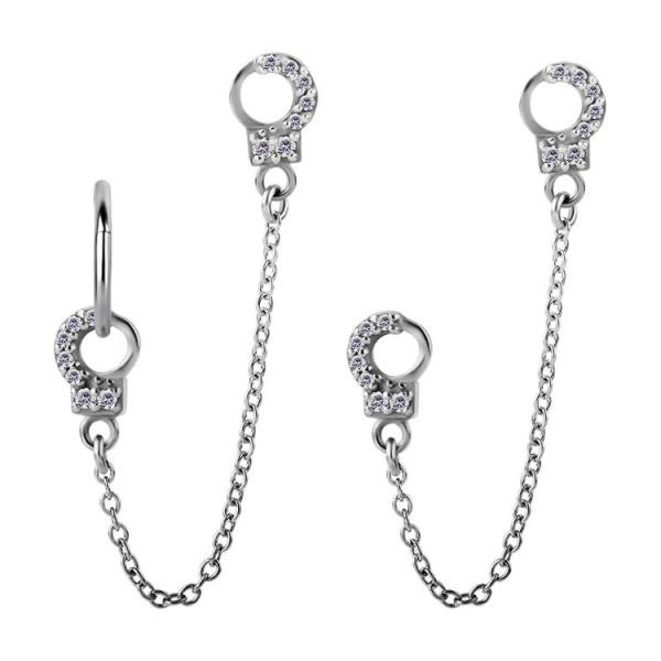 SS316L DOUBLE CLICKER HANDCUFFS CHARMS W.SLAVE CHAIN WET W.ZIRCONIA