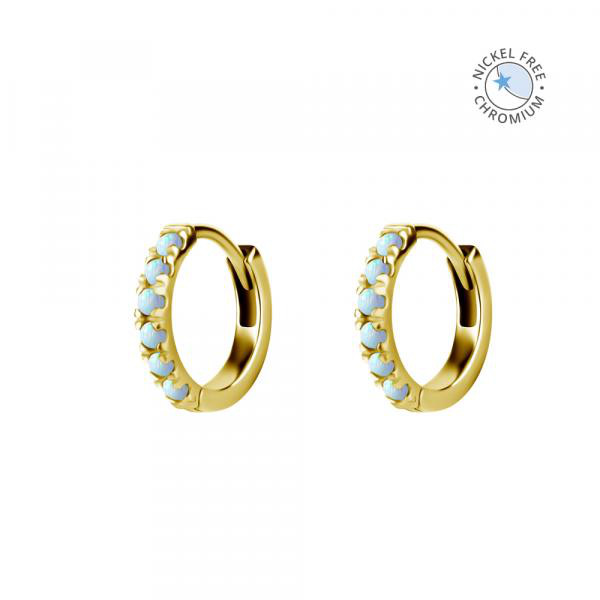 18K GOLD PVD CoCr NF EAR HOOPS SET W. LAB CREATED OPALS 0.8X8.0MM