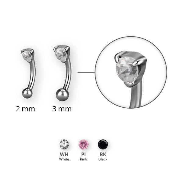 SS316L EYEBROW BANANA W. ROUND CUBIC ZIRCONIA (PRONG SET)