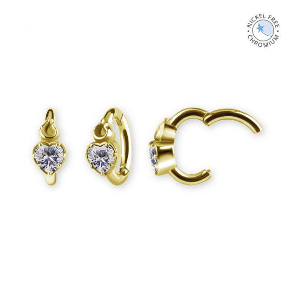 18K GOLD PVD CoCr NF OVAL BELLY CLICKER SET W.HEART CUBIC ZIRCONIA