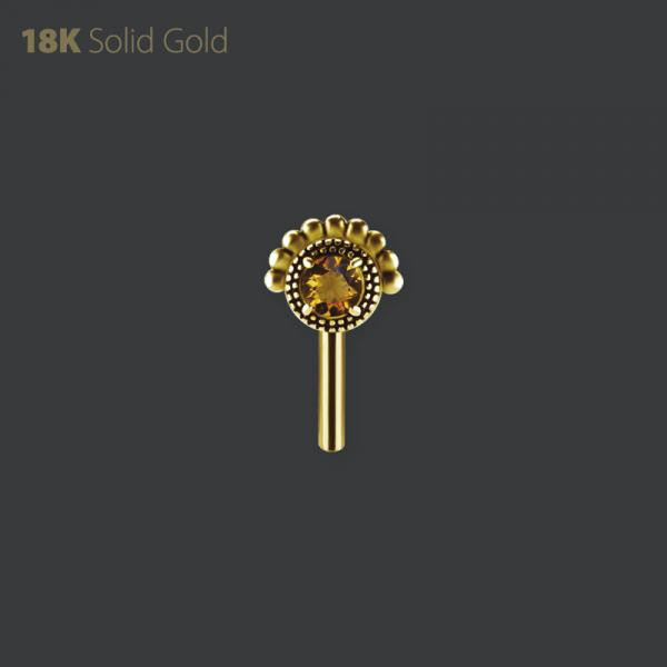 18K GOLD THREADLESS BARBEL FOR VERTICAL HELIX SET W GENUINE CITRINE