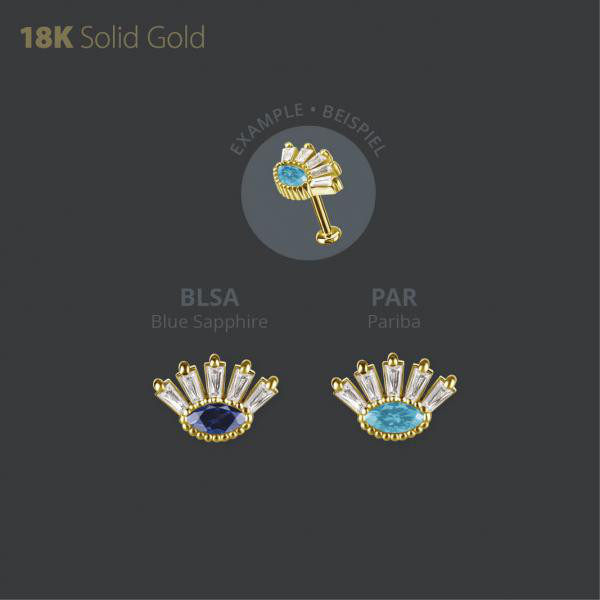 18K GOLD THREADLESS ATTACHMENT SET W. LAB CREATED GEMSTONE AND PREMIUM ZIRCONIA