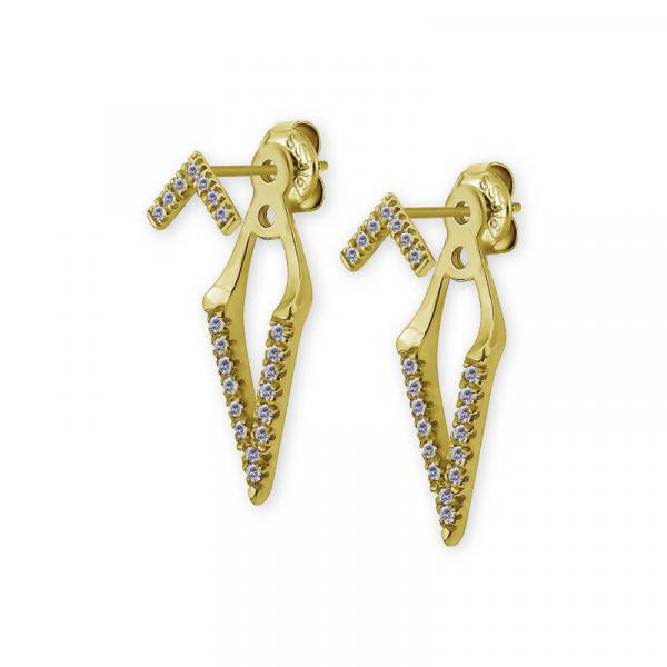 24K GOLD PVD V SHAPE EAR STUDS W. EAR JACKET SET W. CUBIC ZIRCONIA