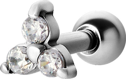 SS316L TRAGUS BARBELL W. TRIPLE RD CUBIC ZIRCONIA (PRONG SET)