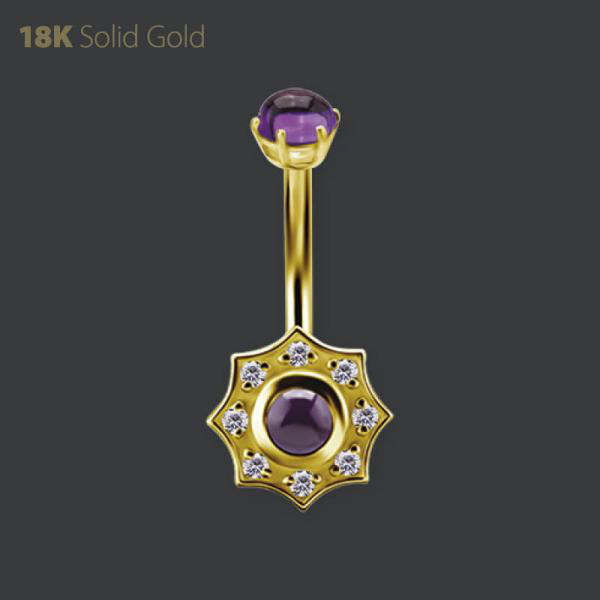 18K GOLD INTERNAL BELLY BANANA SET W. GENUINE DARK AMETHYST