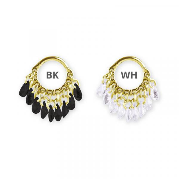 24K GOLD PVD SS316L HINGED RING WITH PEAR SHAPE STONE DANGLES