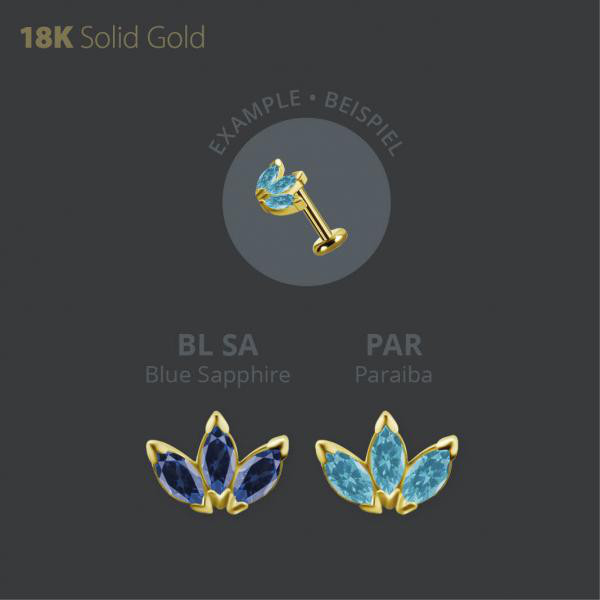 18K GOLD THREADLESS ATTACHMENT SET W. MARQUISE LAB CREATED GEMSTONE