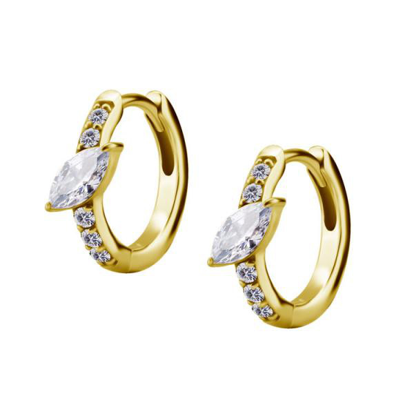 24K GOLD PVD SS316L EAR HOOPS SET W. MARQUISE CUBIC ZIRCONIA (PAIR)