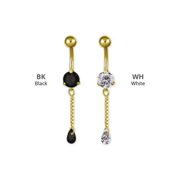 GOLD PVD SS316L MINI BELLY BANANA W. CHAIN ZIRCONIA DROP DANGLE